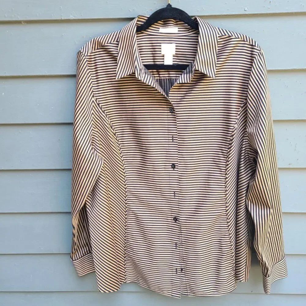 Chicos Tan Black Stripe Button Down Shirt size 3